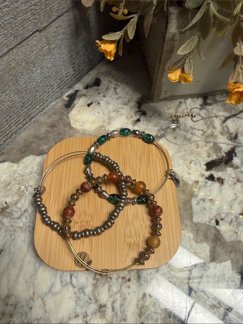 Alex and Ani Multicolor Beaded Bracelet Set with Green and Brown Accents